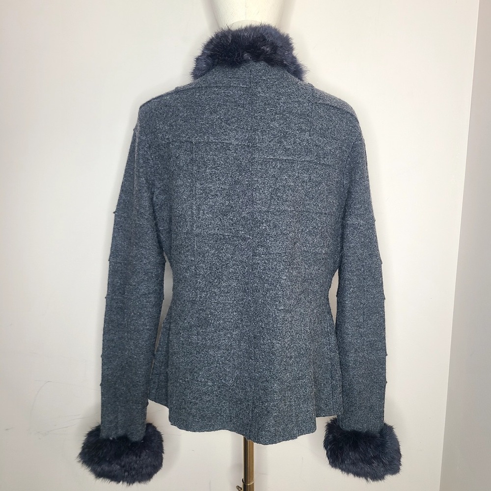 Lafayette 148 NY Small Gray 100% Wool‎ Rabbit Fur Collar Cuffs Cardigan Coquette - Picture 5 of 7